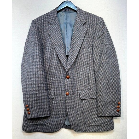 Vintage Oldsridge Holder-Reid Mens Wool Blazer Leather Buttons Gray Blue 42R - Picture 1 of 12